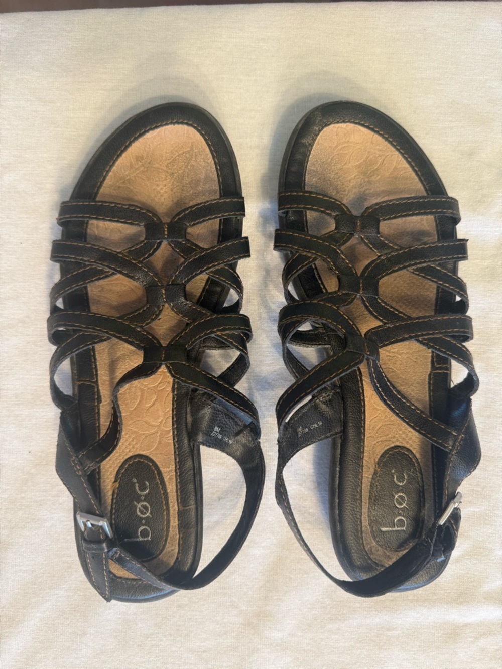 b.o.c. Black Strappy Sandals with Tan Footbed